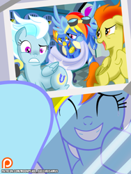 Size: 768x1024 | Tagged: safe, artist:succubi samus, imported from derpibooru, blaze, fleetfoot, rainbow dash, spitfire, pegasus, pony, newbie dash, crying, cute, eyes closed, female, locker room, mare, patreon, patreon logo, show accurate, slap, smiling, tears of joy, towel, wonderbolts uniform