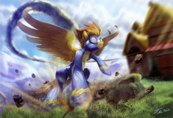 Size: 1024x700 | Tagged: safe, artist:tsitra360, imported from derpibooru, spitfire, pegasus, pony, newbie dash, badass, crepuscular rays, epic, female, goggles, landing, mare, perspective, ponyville, scene interpretation, signature, solo, superhero landing, wonderbolts uniform