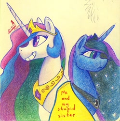 Size: 1010x1014 | Tagged: safe, artist:iceberglonely, imported from derpibooru, princess celestia, princess luna, alicorn, duo, duo female, female, mare, siblings, traditional art