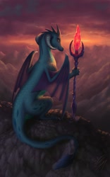 Size: 1240x1984 | Tagged: safe, artist:bluespaceling, imported from derpibooru, princess ember, dragon, bloodstone scepter, cloud, dragon lord ember, female, looking back, mountain, queen, solo, staff