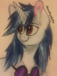 Size: 774x1032 | Tagged: safe, artist:snowfoxythefox, imported from derpibooru, dj pon-3, vinyl scratch, colored sketch, female, goggles, smiling, solo, traditional art