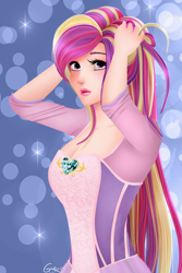 Size: 3024x4522 | Tagged: safe, artist:srtagiuu, imported from derpibooru, princess cadance, human, absurd resolution, cleavage, clothes, dress, female, humanized, signature, solo