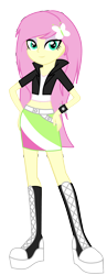 Size: 2290x5886 | Tagged: safe, artist:adadeimon, imported from derpibooru, fluttershy, equestria girls, absurd resolution, alternate hairstyle, bedroom eyes, belly button, boots, bracelet, clothes, eyeshadow, female, jacket, leather jacket, makeup, midriff, skirt, solo, spiked wristband