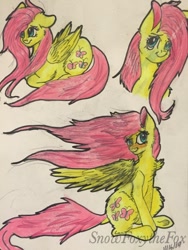 Size: 774x1032 | Tagged: safe, artist:snowfoxythefox, imported from derpibooru, fluttershy, alternate hairstyle, blowing, blushing, colored sketch, fluffy, smiling, traditional art