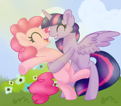 Size: 2200x1920 | Tagged: safe, artist:mississippikite, imported from derpibooru, pinkie pie, twilight sparkle, alicorn, pony, bipedal, eyes closed, female, hug, lesbian, mare, nuzzling, shipping, twilight sparkle (alicorn), twinkie