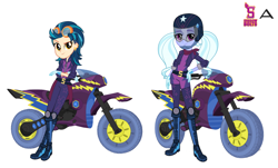 Size: 1106x670 | Tagged: safe, artist:karalovely, imported from derpibooru, indigo zap, sugarcoat, equestria girls, friendship games, boots, clothes, crystal prep academy, crystal prep shadowbolts, duo, friendship games motocross outfit, friendship games outfit, gloves, helmet, motocross outfit, motorcross, motorcross outfit, motorcycle, motorcycle helmet, motorcycle outfit, shoes, simple background, tri-cross relay outfit, white background