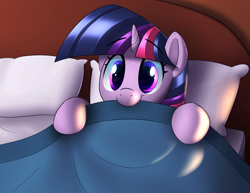 Size: 1940x1500 | Tagged: safe, artist:january3rd, imported from derpibooru, twilight sparkle, pony, unicorn, bed, blanket, cute, female, looking at you, mare, morning ponies, nom, pillow, smiling, solo, twiabetes, unicorn twilight