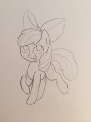 Size: 960x1280 | Tagged: safe, artist:sugarwings-art, imported from derpibooru, apple bloom, cutie mark, female, monochrome, open mouth, raised hoof, sketch, solo, the cmc's cutie marks, traditional art