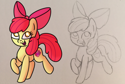 Size: 1280x861 | Tagged: safe, artist:pastelhorses, artist:sugarwings-art, imported from derpibooru, apple bloom, collaboration, cutie mark, female, monochrome, open mouth, raised hoof, sketch, solo, the cmc's cutie marks, traditional art