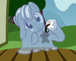 Size: 2808x2260 | Tagged: safe, artist:badumsquish, derpibooru exclusive, imported from derpibooru, oc, oc only, oc:tremble, goo pony, original species, badumsquish is trying to murder us, coffee, cute, drink, drinking, female, looking at you, mug, offscreen character, outdoors, pov, sitting, smiling, solo, table