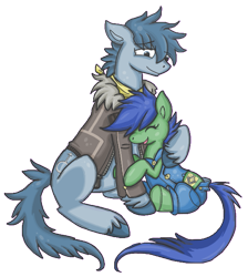 Size: 543x607 | Tagged: safe, artist:whispir, imported from derpibooru, oc, oc only, oc:p-21, oc:scotch tape, fallout equestria, fallout equestria: project horizons, bandana, clothes, cutie mark, father and daughter, hug, jacket, overalls