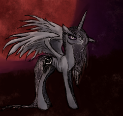 Size: 634x600 | Tagged: safe, alternate version, artist:remains, imported from derpibooru, nightmare moon, princess luna, oc, oc:blood moon (remains), alicorn, pony, alicorn oc, alternate design, female, grim reaper, horn, nightmare luna, solo, standing, wings