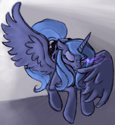 Size: 1359x1475 | Tagged: safe, artist:remains, imported from derpibooru, princess luna, alicorn, pony, dark magic, devious smile, featured image, female, looking at you, magic, mare, nightmare luna, one eye closed, pose, s1 luna, solo, sombra eyes