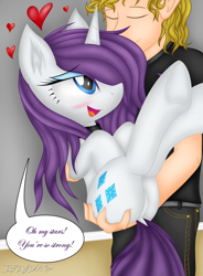 Size: 3500x4755 | Tagged: safe, artist:iflysna94, imported from derpibooru, rarity, human, pony, absurd resolution, blushing, butt grab, carrying, duo, hand on butt, heart, holding, holding a pony, interspecies