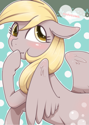 Size: 631x885 | Tagged: safe, artist:kiriya, imported from derpibooru, derpy hooves, pegasus, pony, blushing, cute, derpabetes, female, mare, oh you, raised hoof, scrunchy face, solo