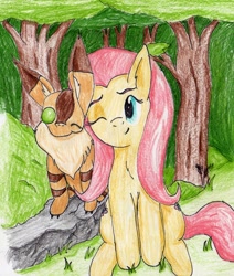 Size: 1909x2256 | Tagged: safe, artist:40kponyguy, derpibooru exclusive, imported from derpibooru, fluttershy, crossover, hayao miyazaki, laputa: castle in the sky, nausicaa of the valley of the wind, one eye closed, sitting, squirrel fox, studio ghibli, teto, traditional art