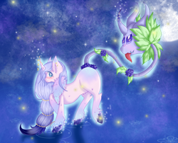 Size: 1280x1033 | Tagged: safe, artist:niniibear, imported from derpibooru, oc, oc only, oc:noname, classical unicorn, plant pony, :p, adoptable, cute, flower, fluffy, horn jewelry, jewelry, leonine tail, night, plant, plantpony, purple, raised leg, rose, smiling, solo, tongue out, unshorn fetlocks, wat