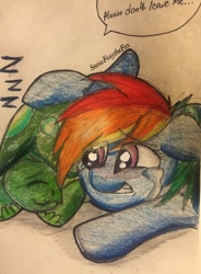 Size: 768x1041 | Tagged: safe, artist:snowfoxythefox, imported from derpibooru, rainbow dash, tank, season 5, tanks for the memories, colored, colored pencil drawing, crying, floppy ears, sad, traditional art