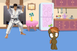 Size: 900x600 | Tagged: safe, artist:trungtranhaitrung, imported from derpibooru, button mash, crossover, gif, kitchen, non-animated gif, obligatory pony, oh crap, sega, sega saturn, segata sanshiro, this will end in playing the sega saturn