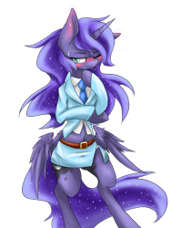 Size: 1024x1365 | Tagged: safe, artist:azurepicker, imported from derpibooru, princess luna, pony, belly button, belt, bipedal, blushing, butt wings, clothes, female, midriff, necktie, side slit, simple background, skirt, skirt suit, solo, suit, transparent background