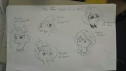 Size: 1280x720 | Tagged: safe, artist:tjpones, imported from derpibooru, princess ember, princess luna, sunset shimmer, oc, oc:brownie bun, oc:holly wood, dragon, equestria girls, lineart, monochrome, sunglasses, traditional art