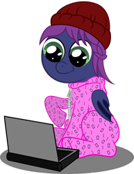 Size: 3000x3880 | Tagged: safe, artist:spellboundcanvas, imported from derpibooru, oc, oc only, bat pony, pony, binary bits, computer, footed sleeper, hat, laptop computer, onesie, solo