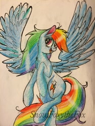 Size: 774x1032 | Tagged: safe, artist:snowfoxythefox, imported from derpibooru, rainbow dash, colored, colored pencil drawing, female, fluffy, flying, happy, smiling, solo, traditional art