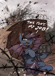 Size: 869x1200 | Tagged: safe, artist:foxinshadow, imported from derpibooru, oc, oc only, oc:ventress, bat pony, pony, ar-15, ar15, barbed wire, gun, rifle, war, weapon