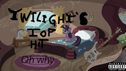 Size: 1280x720 | Tagged: safe, imported from derpibooru, twilight sparkle, pony, unicorn, album cover, bed, bedroom, bust, carpet, detailed background, female, frown, golden oaks library, guitar, horseshoes, lying down, mare, musical instrument, open mouth, prone, solo, text, twilight's bedroom, unicorn twilight