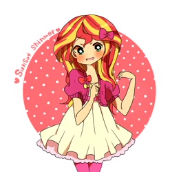 Size: 972x984 | Tagged: safe, artist:lotte, imported from derpibooru, sunset shimmer, human, equestria girls, abstract background, blushing, bow, clothes, cute, dress, female, hair bow, humanized, shimmerbetes, solo, stockings, thigh highs