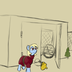 Size: 768x768 | Tagged: safe, artist:thebathwaterhero, imported from derpibooru, oc, oc only, oc:sunny days, earth pony, pony, series:entrapment, cage, cart, child, clothes, cyoa, feed bag, female, filly, foal, gladiator, helmet, shed, slave, story included, tree, wheel