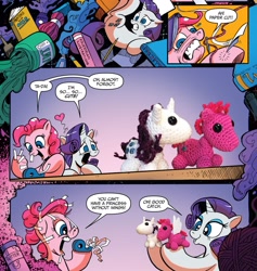 Size: 1205x1269 | Tagged: safe, artist:andypriceart, idw, imported from derpibooru, pinkie pie, rarity, earth pony, pony, unicorn, spoiler:comic, spoiler:comic42, comic, duo, female, irl, mare, mixed media, official comic, photo, plushie, speech bubble