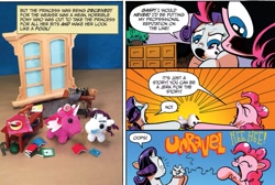 Size: 1233x831 | Tagged: safe, artist:andypriceart, idw, imported from derpibooru, pinkie pie, rarity, earth pony, pony, unicorn, spoiler:comic, spoiler:comic42, comic, duo, female, irl, mare, official comic, photo, plushie, speech bubble