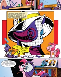 Size: 1221x1543 | Tagged: safe, artist:andypriceart, idw, imported from derpibooru, pinkie pie, rarity, earth pony, pony, unicorn, spoiler:comic, spoiler:comic42, comic, duo, female, magic, mare, modern art, official comic, paintbrush, painting, pop art, roy lichtenstein, speech bubble, style emulation, telekinesis