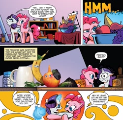 Size: 1225x1202 | Tagged: safe, artist:andypriceart, idw, imported from derpibooru, pinkie pie, rarity, earth pony, pony, unicorn, spoiler:comic, spoiler:comic42, apple, banana, comic, duo, female, food, fruit, googly eyes, grapes, irl, magic, mare, official comic, photo, speech bubble, telekinesis