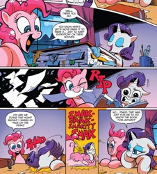 Size: 1237x1370 | Tagged: safe, artist:andypriceart, idw, imported from derpibooru, pinkie pie, rarity, earth pony, pony, unicorn, spoiler:comic, spoiler:comic42, book, cartoon physics, comic, facedesk, female, mare, official comic, paper, pinkie being pinkie, ripped, speech bubble