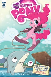 Size: 1054x1600 | Tagged: safe, artist:katiecandraw, idw, imported from derpibooru, pinkie pie, shark, spoiler:comic, spoiler:comic42, cover, happy days, jumping the shark, the fonz, water skiing