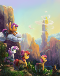 Size: 1600x2036 | Tagged: safe, artist:viwrastupr, imported from derpibooru, apple bloom, babs seed, scootaloo, sweetie belle, twilight sparkle, earth pony, pegasus, pony, unicorn, adorababs, adorabloom, adventure, cute, cutealoo, cutie mark, cutie mark crusaders, diasweetes, female, filly, scenery, scenery porn, smiling, the cmc's cutie marks