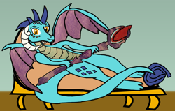 Size: 1280x815 | Tagged: safe, artist:ocean_72, imported from derpibooru, princess ember, dragon, bloodstone scepter, couch, dragon lord ember, fainting couch, female, looking at you, lying down, on back, smiling, solo