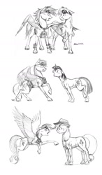 Size: 1000x1714 | Tagged: safe, artist:baron engel, imported from derpibooru, applejack, rainbow dash, twilight sparkle, oc, oc:sky brush, earth pony, pegasus, pony, unicorn, comic, female, goggles, male, mare, monochrome, nudity, pencil drawing, sheath, stallion, traditional art