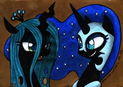 Size: 1741x1228 | Tagged: safe, artist:madinkaclairec, imported from derpibooru, nightmare moon, queen chrysalis, alicorn, changeling, changeling queen, female, traditional art