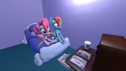 Size: 1920x1080 | Tagged: safe, artist:juanjo_belic, imported from derpibooru, pinkie pie, rainbow dash, 3d, applebucks coffee, bed, final fantasy v, source filmmaker, super mario bros., super mario world, super nintendo, video game