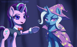 Size: 900x550 | Tagged: safe, artist:grissaecrim, artist:raikoh, imported from derpibooru, starlight glimmer, trixie, pony, unicorn, no second prances, bowtie, female, leotard, looking at you, magician outfit, mare, raised hoof, underhoof