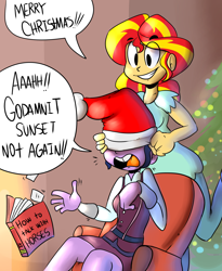 Size: 1280x1560 | Tagged: safe, artist:benja, imported from derpibooru, sci-twi, sunset shimmer, twilight sparkle, ask ask-the-ponies, equestria girls, ask-ask-the-ponies, christmas, clothes, crystal prep academy uniform, hat, santa hat, school uniform, vulgar