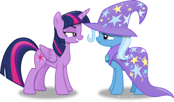 Size: 5111x3015 | Tagged: safe, artist:vector-brony, imported from derpibooru, trixie, twilight sparkle, alicorn, pony, no second prances, absurd resolution, eye contact, female, glare, grin, inkscape, mare, simple background, smiling, transparent background, trixie's cape, trixie's hat, twilight sparkle (alicorn), vector