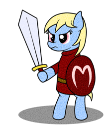 Size: 500x560 | Tagged: safe, artist:680p, imported from derpibooru, oc, oc only, oc:sunny days, earth pony, pony, series:entrapment, bipedal, child, clothes, color, cyoa, female, filly, foal, gladiator, glare, shield, slave, solo, standing, sword, weapon