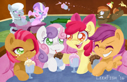 Size: 1024x663 | Tagged: safe, artist:abbystarling, imported from derpibooru, apple bloom, babs seed, button mash, diamond tiara, scootaloo, silver spoon, sweetie belle, adorababs, adorabloom, banana peel, buttonbetes, cafe, cute, cutealoo, cutie mark crusaders, diamondbetes, diasweetes, everfree northwest, everfree northwest 2016, eyes closed, freckles, hat, milkshake, milkshake ponies, one eye closed, open mouth, print, propeller hat, signature, silverbetes, sipping, straw