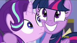 Size: 1280x720 | Tagged: safe, imported from derpibooru, screencap, starlight glimmer, twilight sparkle, alicorn, pony, no second prances, close-up, creepy, discovery family logo, female, grin, mare, twilight sparkle (alicorn)