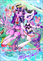 Size: 521x738 | Tagged: safe, artist:onofuji, imported from derpibooru, rarity, twilight sparkle, anthro, unguligrade anthro, beach, bikini, butt wings, clothes, drink, female, front knot midriff, inflatable, inflatable toy, lesbian, magic, midriff, pool toy, rarilight, shipping, shorts, swimsuit, telekinesis, twilight sparkle (alicorn), water