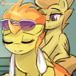 Size: 750x750 | Tagged: safe, artist:lumineko, imported from derpibooru, blaze, spitfire, pegasus, pony, newbie dash, blushing, eyes closed, female, mare, massage, patreon, patreon logo, smiling, stupid sexy spitfire, sunglasses, towel